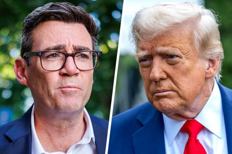 Close-up portraits side by side: Andy Burnham (left), with dark hair and glasses, and Donald Trump (right), with light blond hair and a red tie.