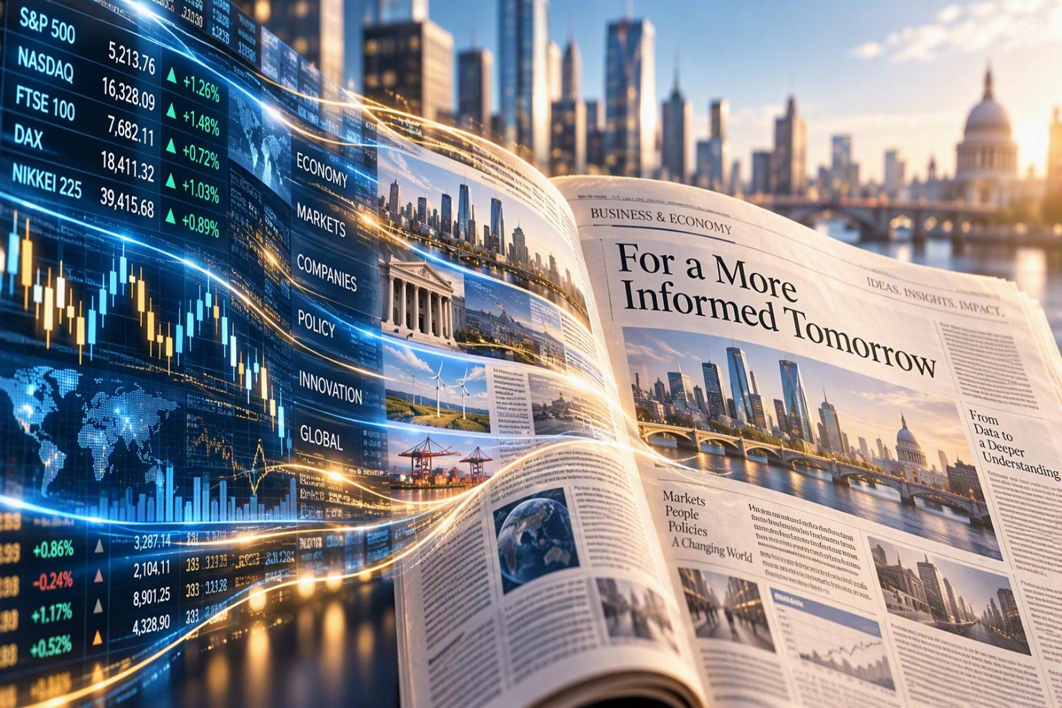 A newspaper opening onto a stream of stock market figures and charts, with a city skyline behind it.