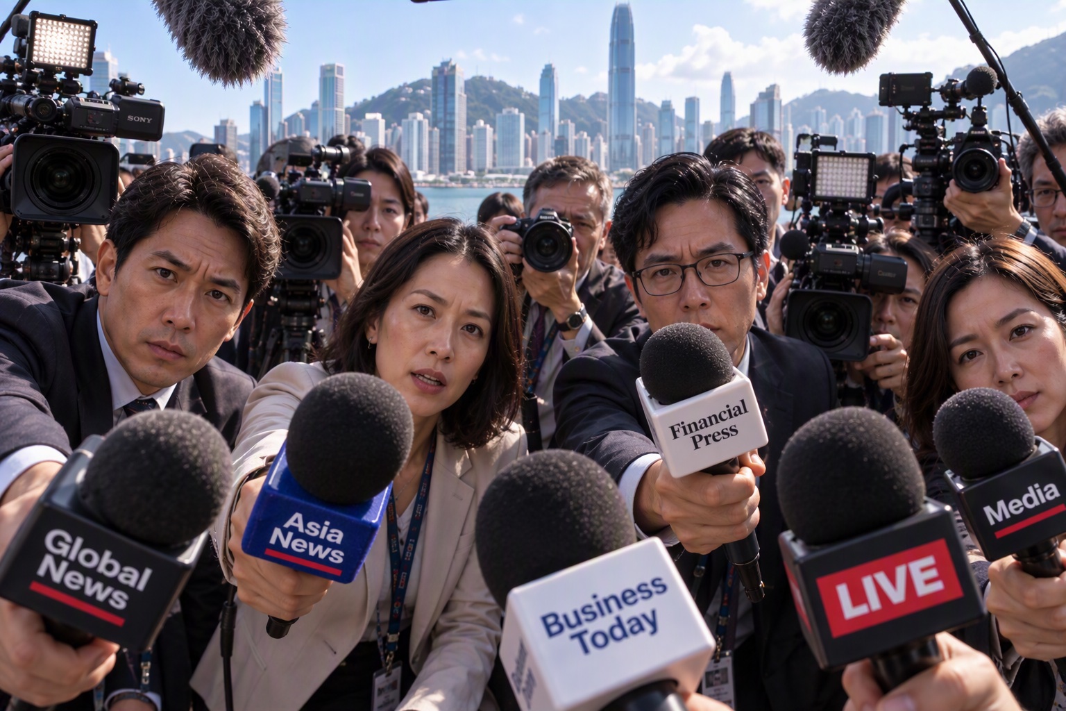 A woman surrounded by reporters pushing microphones and cameras towards her, with a city skyline behind.
