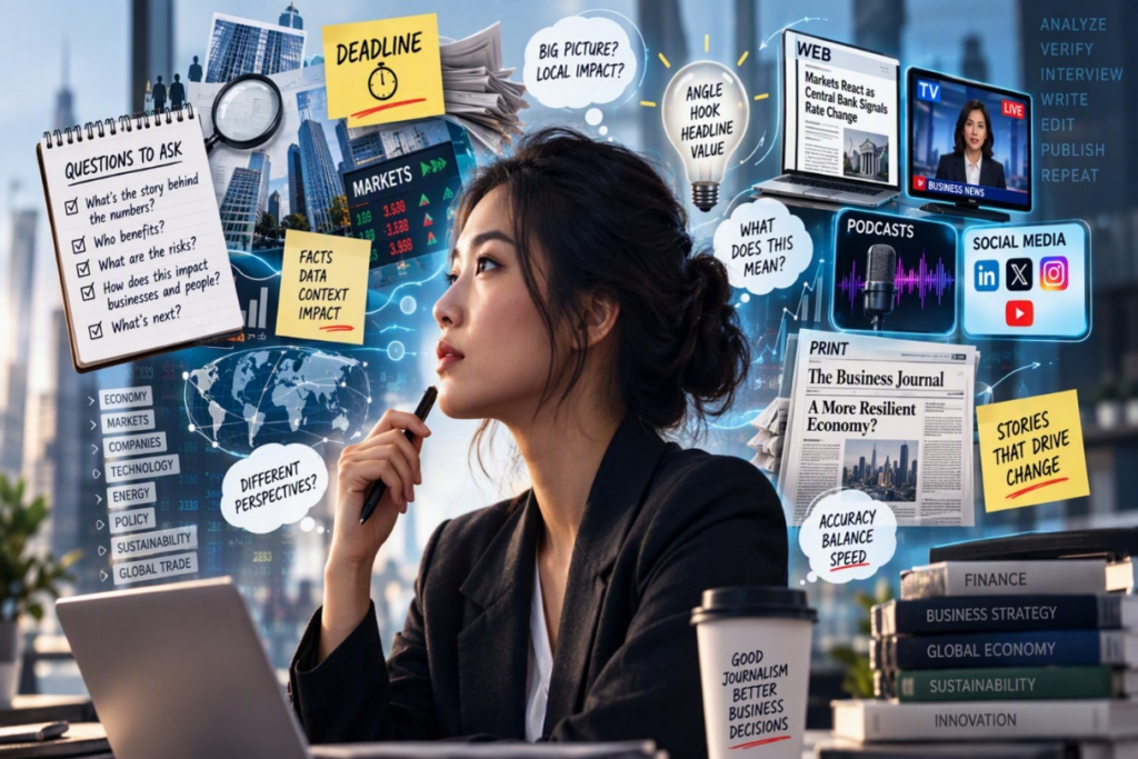 A woman resting a pen against her chin and thinking, surrounded by notes, headlines, charts and social media icons about news deadlines and questions to ask.