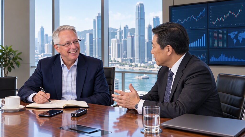 Two men talking across a boardroom table with a harbour skyline behind. One smiles and takes notes in a notebook, with a phone and voice recorder on the table.
