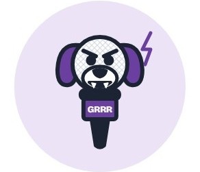 Cartoon microphone with a snarling dog’s face and floppy purple ears, a lightning bolt beside it, and a label reading GRRR.