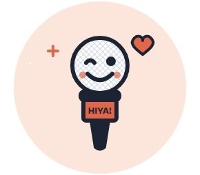 Cartoon microphone with a winking smiling face, a heart beside it, and a label reading HIYA!