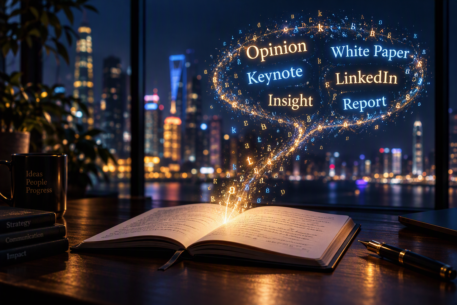 An open book on a desk with words like Opinion, Keynote, White Paper, LinkedIn, Insight and Report rising from its pages as a glowing swirl, with city lights behind.